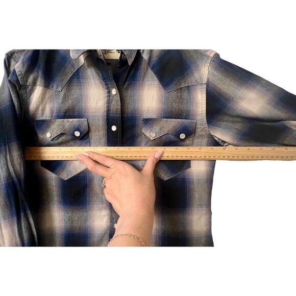 West Coast Choppers Long Sleeve Plaid Button Down Shirt Round Hem Blue Men's - Picture 8 of 9